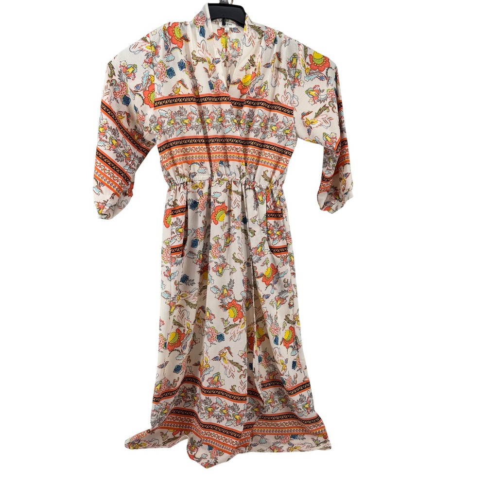 Umgee Floral Maxi Dress Womens Large Cream Orange Boho V-Neck Pockets Bohemian